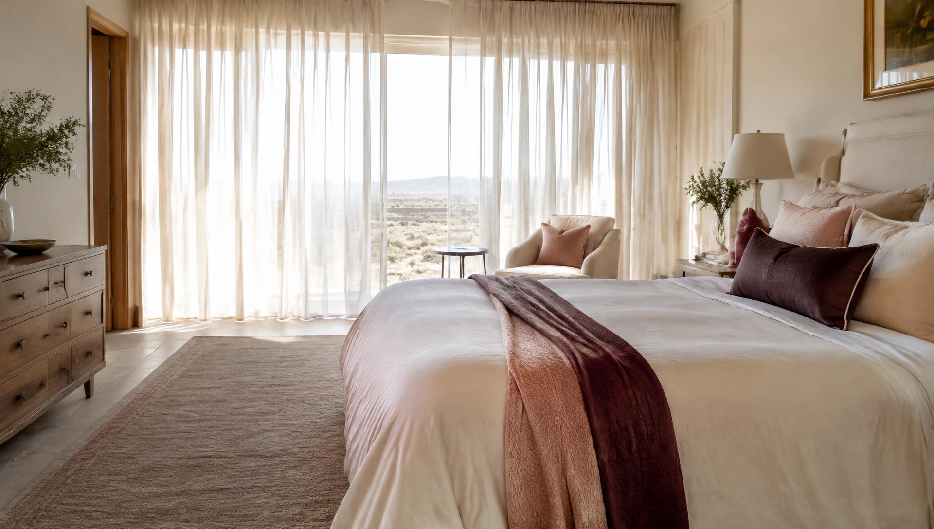 Serene, freshly made bedroom with soft desert light
