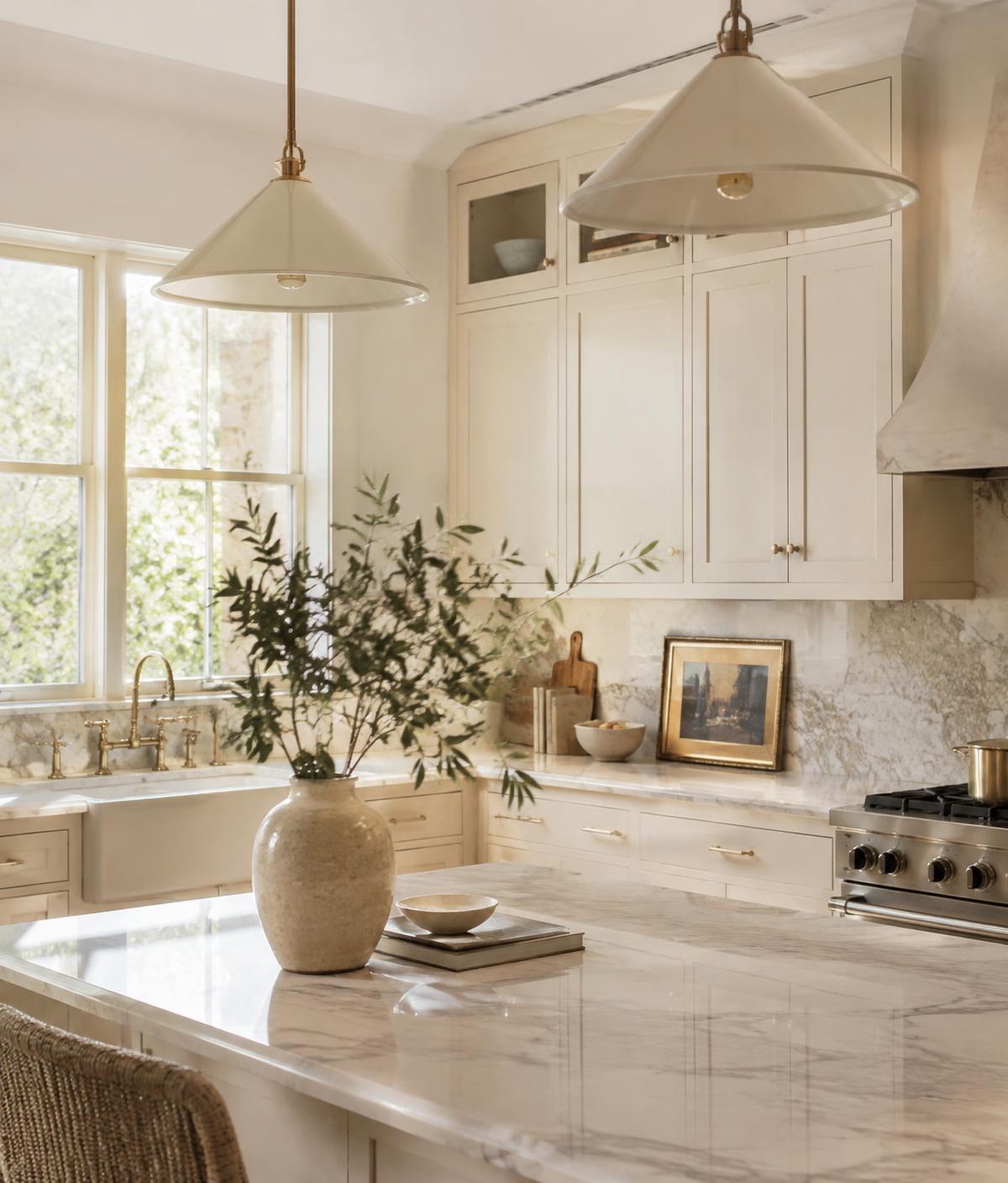 Bright, tidy kitchen with marble counters